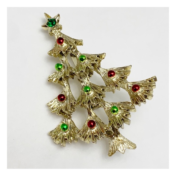 Gerry’s vintage decorated Christmas tree brooch pin gold with green red enamel - Picture 3 of 10